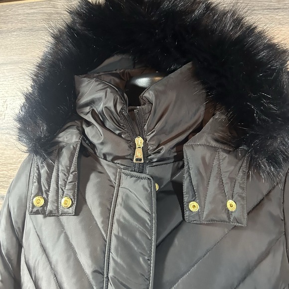 Larry Levine Women's Down-Filled puffer Coat W Faux Fur-Trimmed Hood long Sm-med - Picture 2 of 10